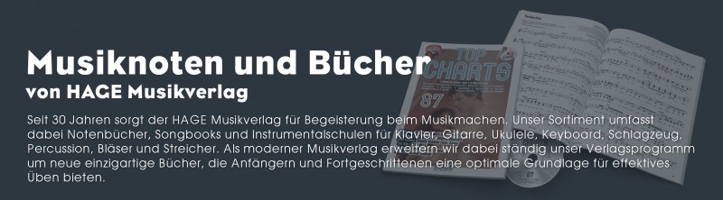 Seit 30 Jahren sorgt der HAGE Musikverlag für Begeisterung beim Musikmachen. Unser Sortiment umfasst dabei Notenbücher, Songbooks und Instrumentalschulen für Klavier, Gitarre, Ukulele, Keyboard, Schlagzeug, Percussion, Bläser und Streicher. Als moderner Musikverlag erweitern wir dabei ständig unser Verlagsprogramm um neue einzigartige Bücher, die Anfängern und Fortgeschrittenen eine optimale Grundlage für effektives Üben bieten.