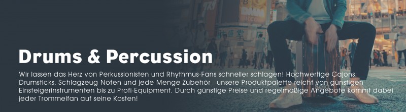 Wir lassen das Herz von Perkussionisten und Rhythmus-Fans schneller schlagen! Hochwertige Cajons, Drumsticks, Schlagzeug-Noten und jede Menge Zubehör - unsere Produktpalette reicht von günstigen Einsteigerinstrumenten bis zu Profi-Equipment. Durch günstige Preise und regelmäßige Angebote kommt dabei jeder Trommelfan auf seine Kosten!